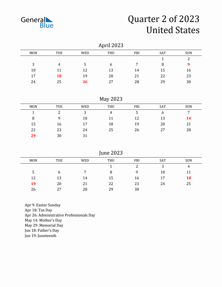 Quarter 2 2023 United States Quarterly Calendar