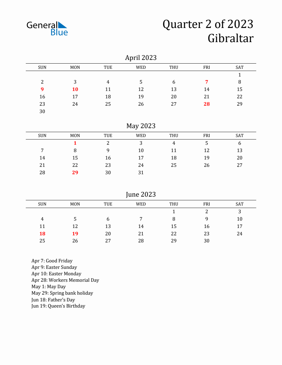 Quarter 2 2023 Gibraltar Quarterly Calendar