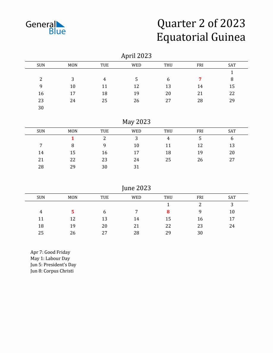 Quarter 2 2025 Equatorial Guinea Quarterly Calendar