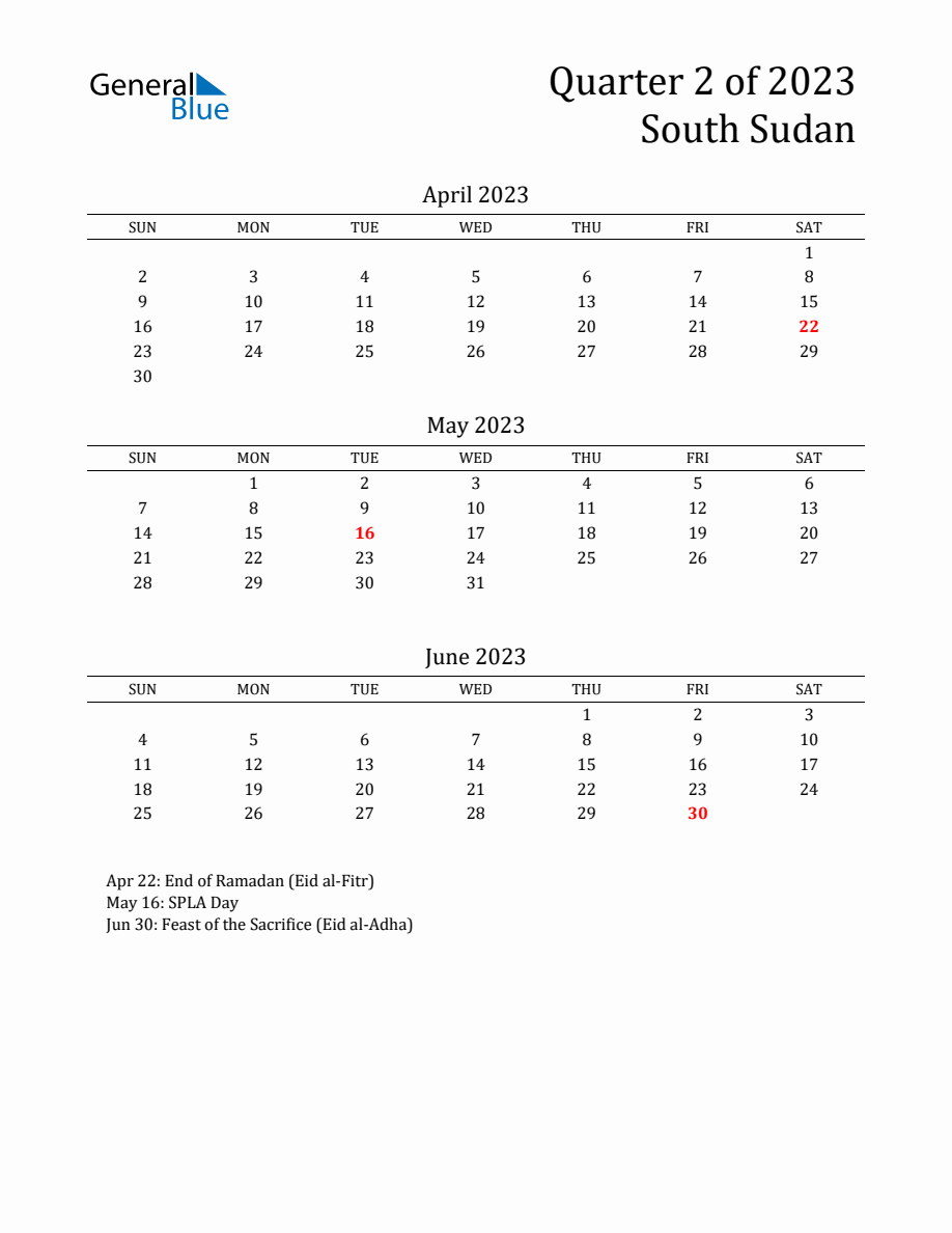 Quarter 2 2023 South Sudan Quarterly Calendar