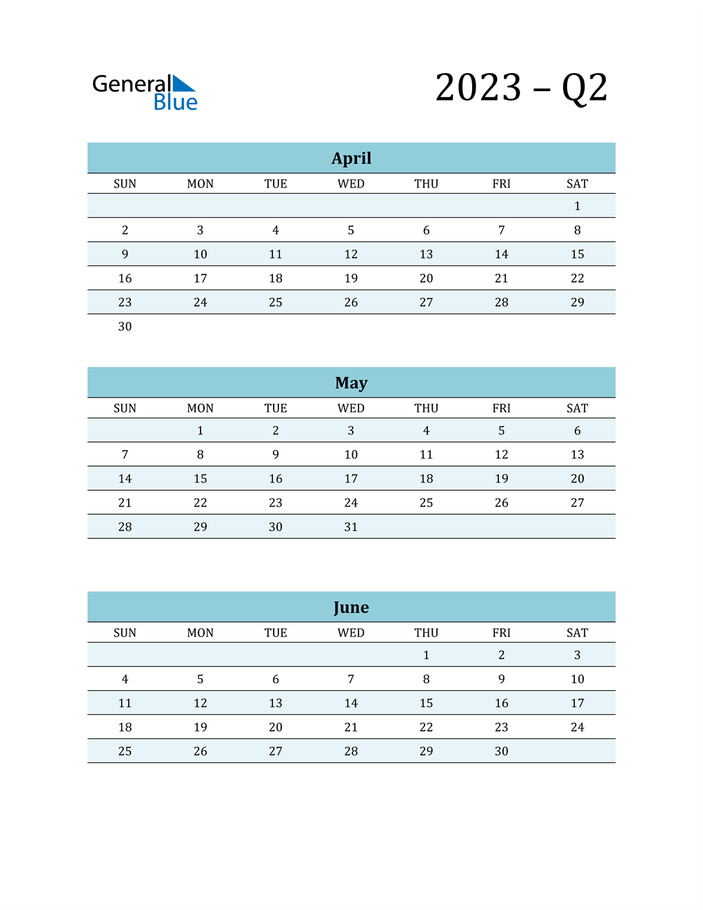  April, May, and June 2023 Calendar