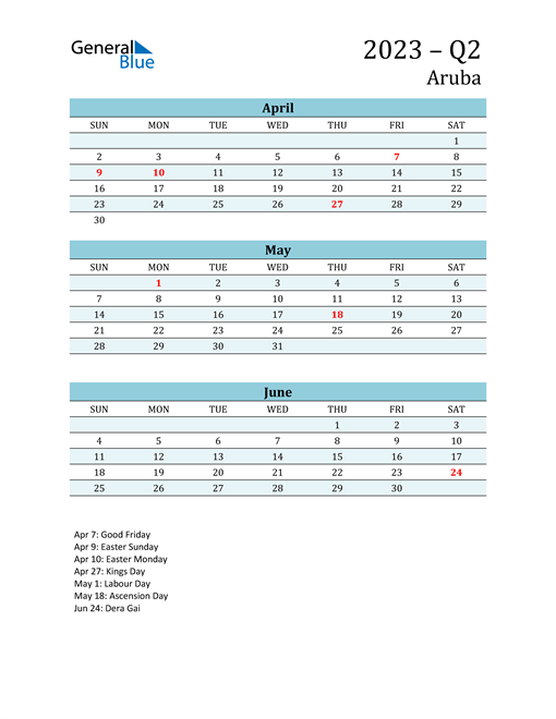  Three-Month Planner for Q2 2023 with Holidays