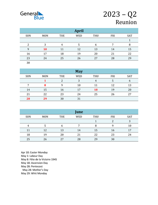 Q2 2023 Quarterly Calendar with Reunion Holidays