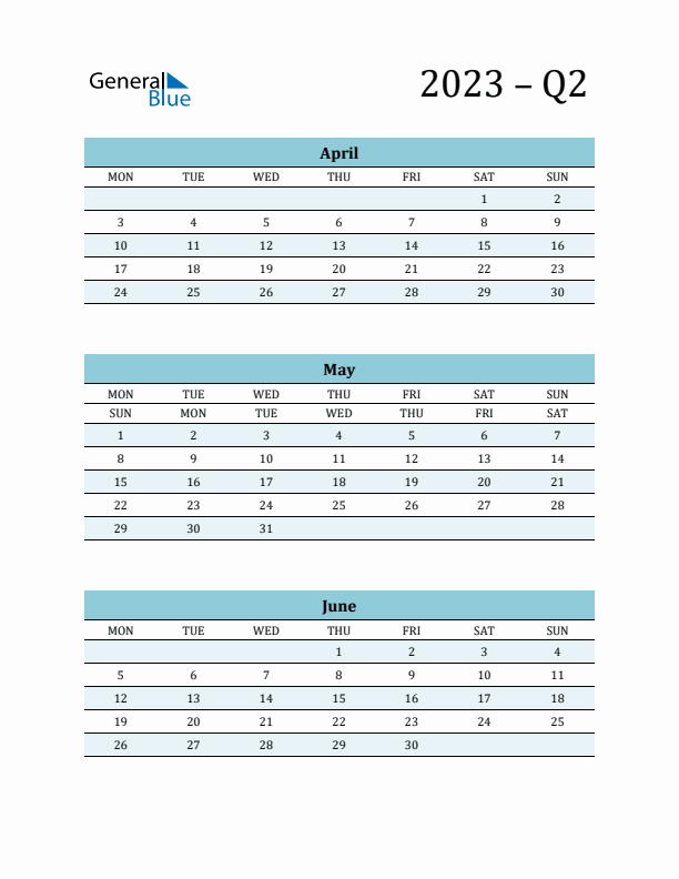 April, May, and June 2023 Calendar