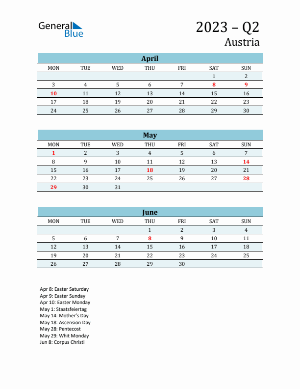 Three-Month Planner for Q2 2023 with Holidays - Austria