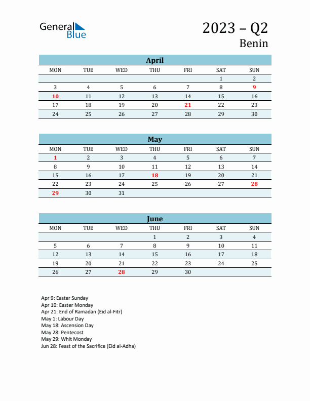 Three-Month Planner for Q2 2023 with Holidays - Benin