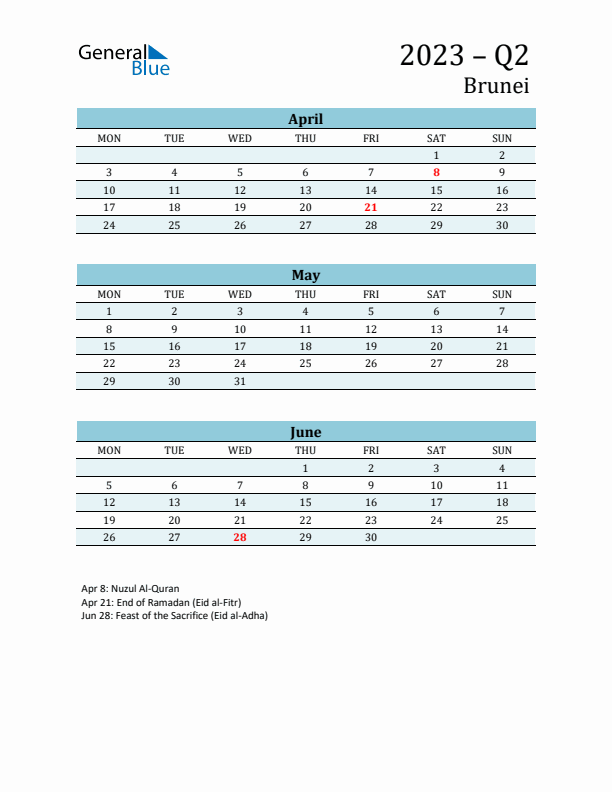Three-Month Planner for Q2 2023 with Holidays - Brunei