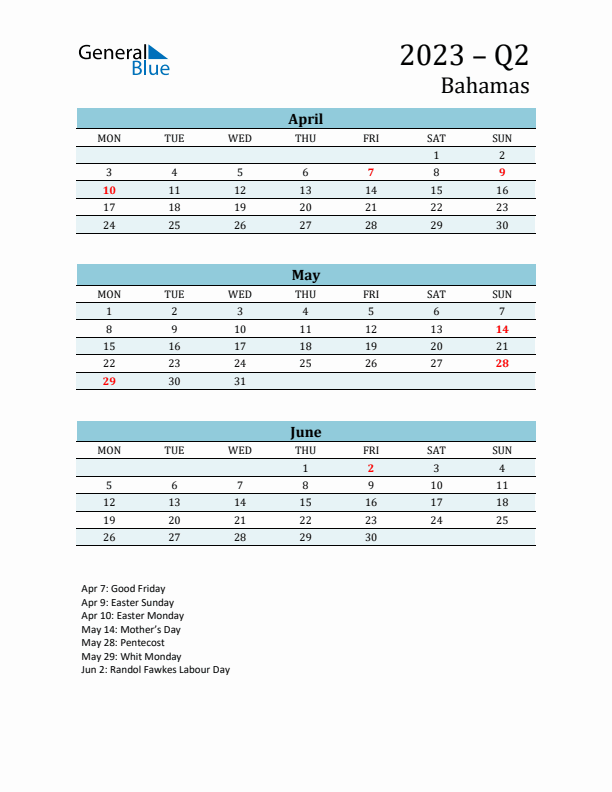 Three-Month Planner for Q2 2023 with Holidays - Bahamas