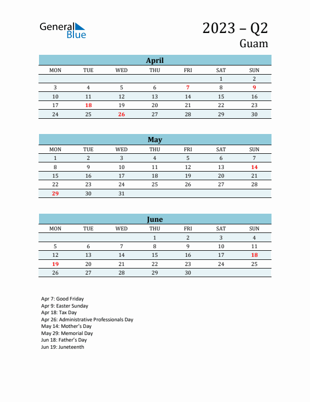 Three-Month Planner for Q2 2023 with Holidays - Guam
