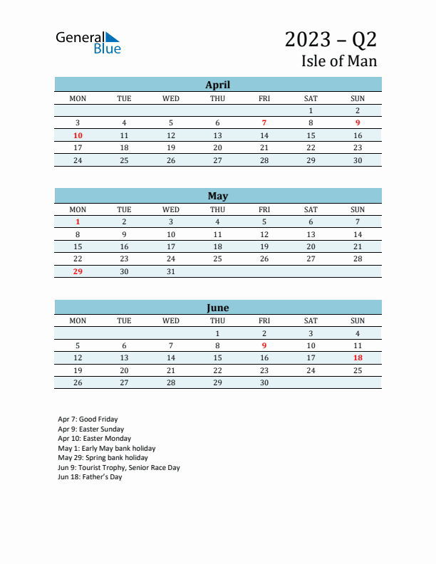 Three-Month Planner for Q2 2023 with Holidays - Isle of Man