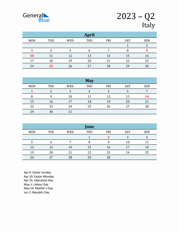 Three-Month Planner for Q2 2023 with Holidays - Italy