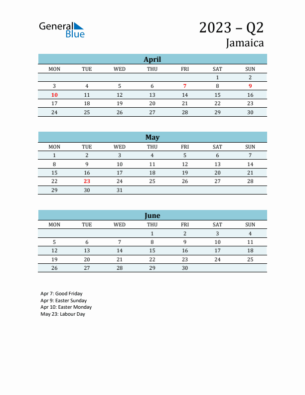 Three-Month Planner for Q2 2023 with Holidays - Jamaica