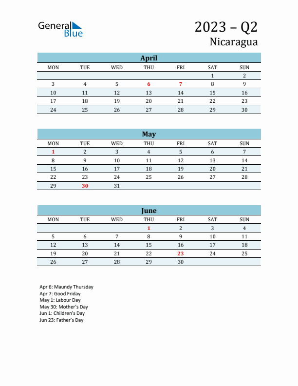 Three-Month Planner for Q2 2023 with Holidays - Nicaragua
