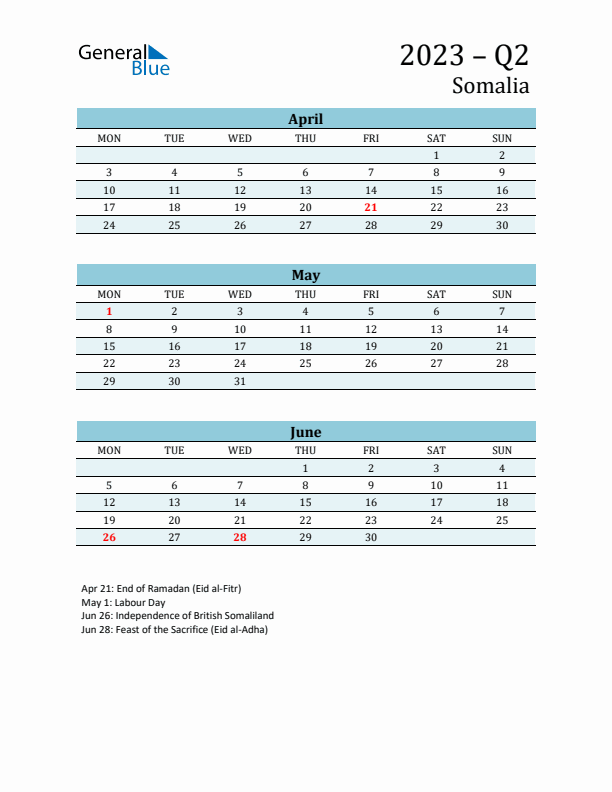 Three-Month Planner for Q2 2023 with Holidays - Somalia