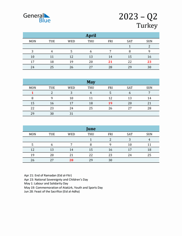 Three-Month Planner for Q2 2023 with Holidays - Turkey