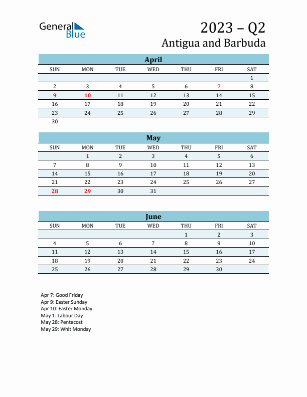 Three-Month Planner for Q2 2023 with Holidays - Antigua and Barbuda