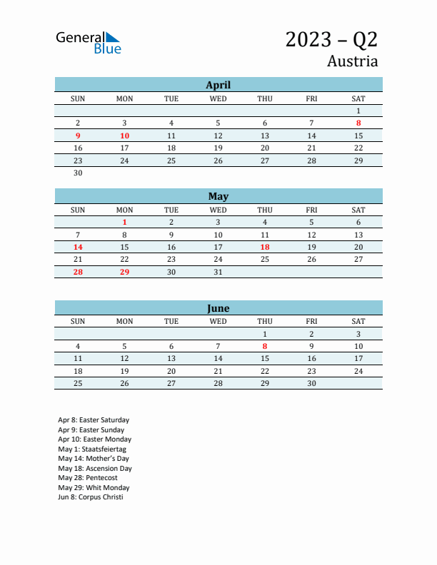 Three-Month Planner for Q2 2023 with Holidays - Austria