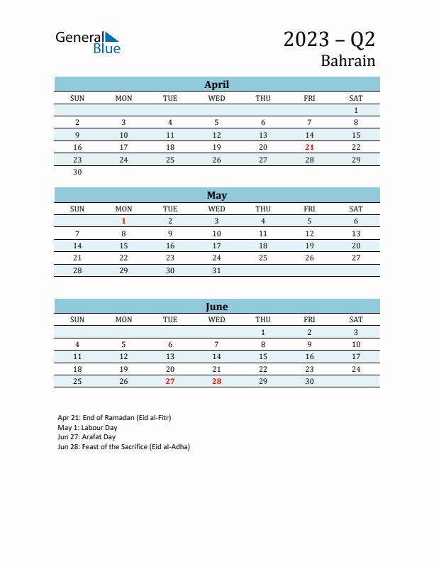 Three-Month Planner for Q2 2023 with Holidays - Bahrain
