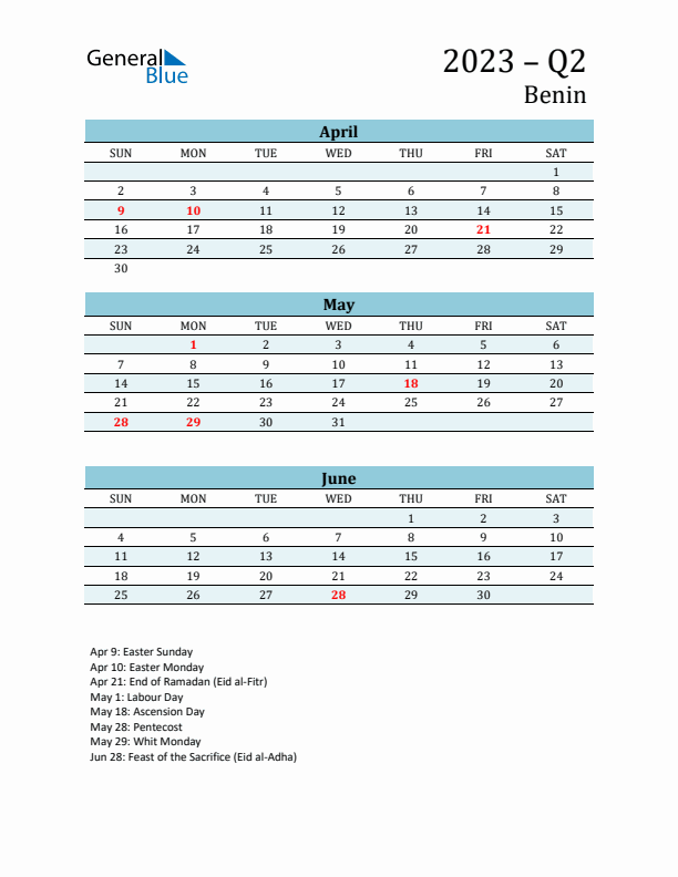 Three-Month Planner for Q2 2023 with Holidays - Benin