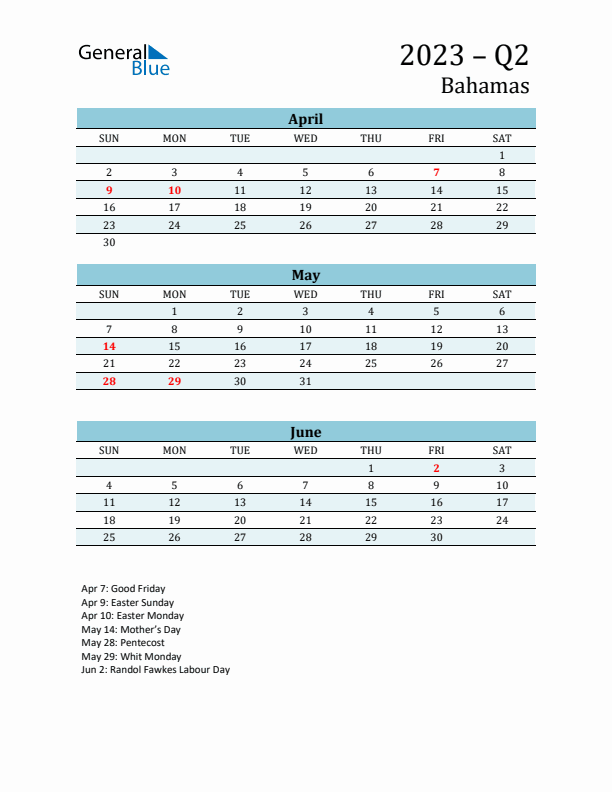 Three-Month Planner for Q2 2023 with Holidays - Bahamas