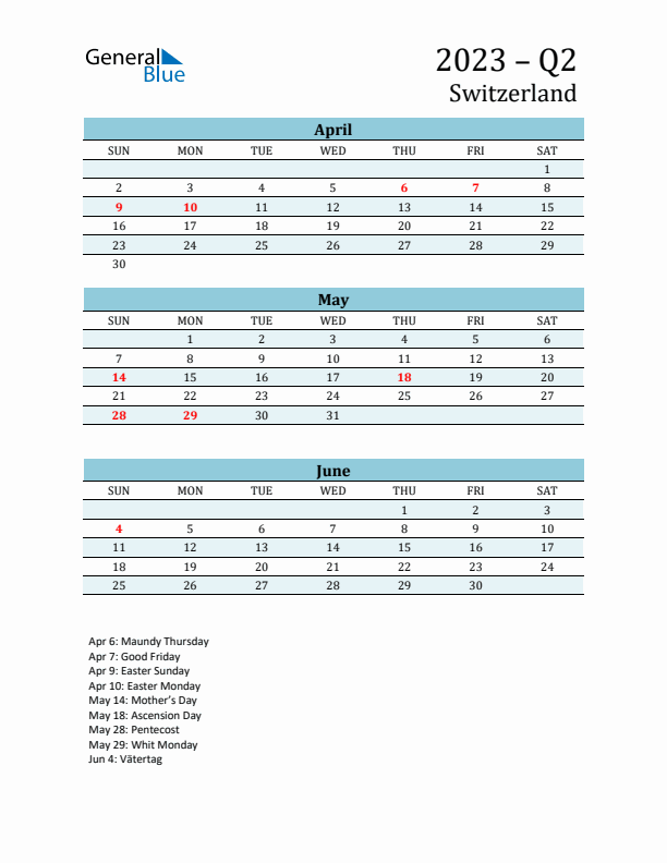 Three-Month Planner for Q2 2023 with Holidays - Switzerland