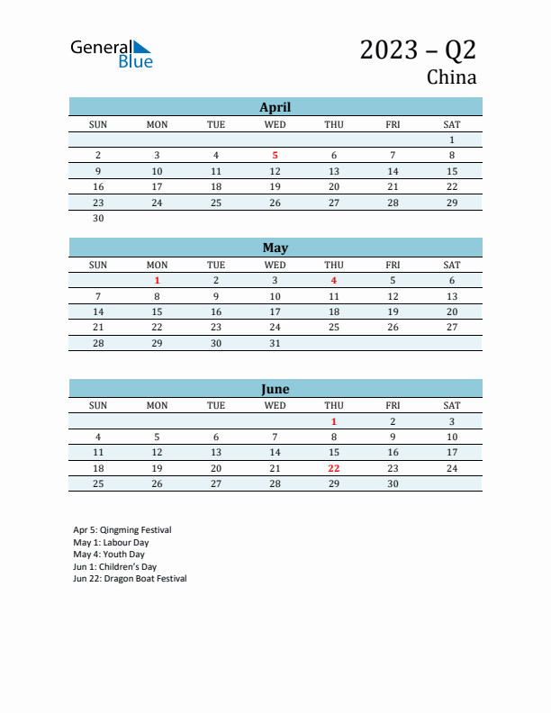 Three-Month Planner for Q2 2023 with Holidays - China