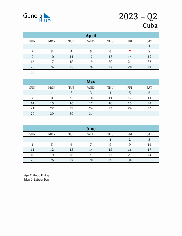 Three-Month Planner for Q2 2023 with Holidays - Cuba