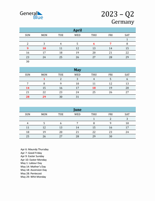 Three-Month Planner for Q2 2023 with Holidays - Germany