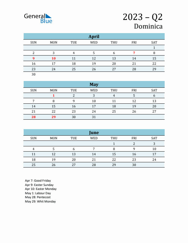 Three-Month Planner for Q2 2023 with Holidays - Dominica