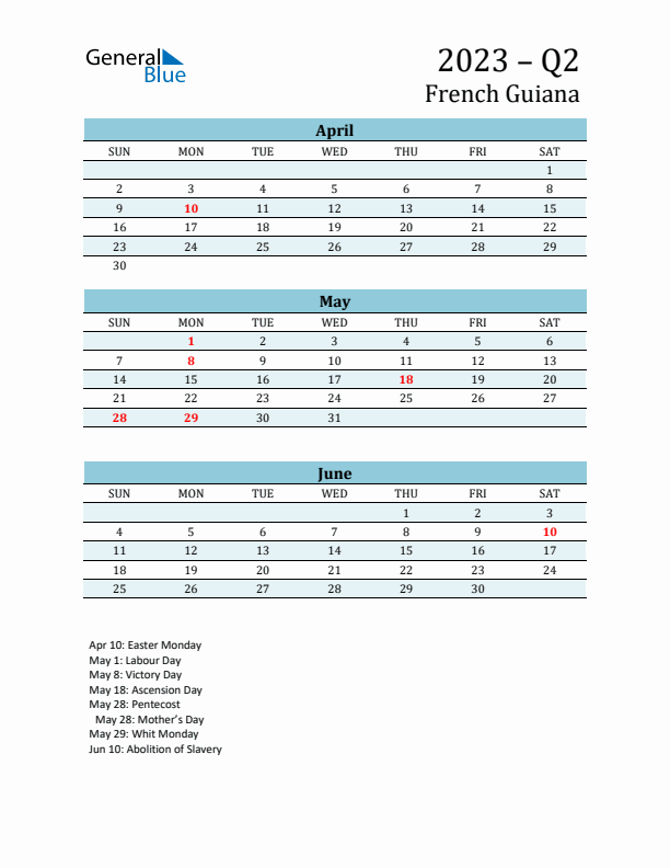 Three-Month Planner for Q2 2023 with Holidays - French Guiana