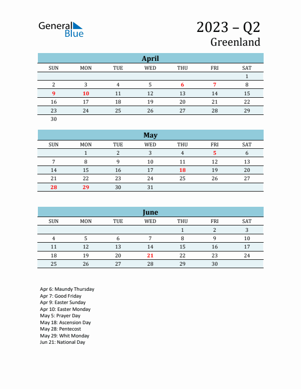Three-Month Planner for Q2 2023 with Holidays - Greenland