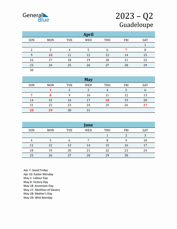 Three-Month Planner for Q2 2023 with Holidays - Guadeloupe