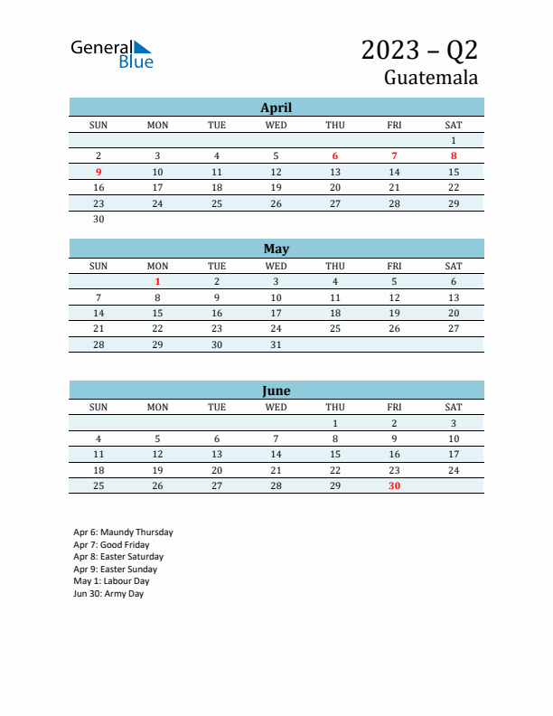 Three-Month Planner for Q2 2023 with Holidays - Guatemala