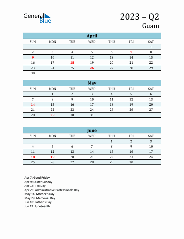 Three-Month Planner for Q2 2023 with Holidays - Guam