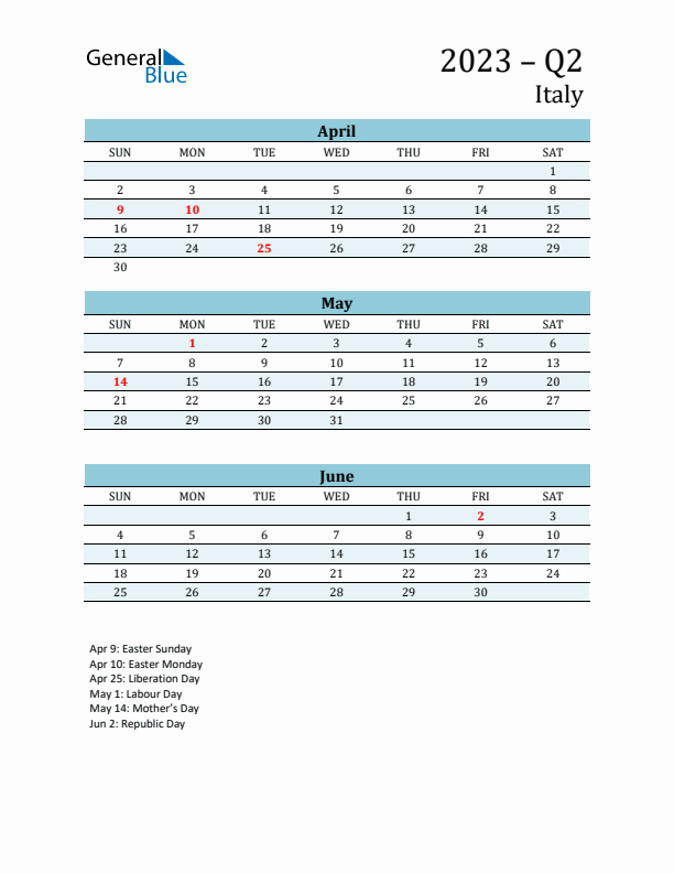 Three-Month Planner for Q2 2023 with Holidays - Italy