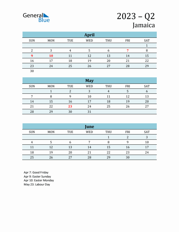 Three-Month Planner for Q2 2023 with Holidays - Jamaica