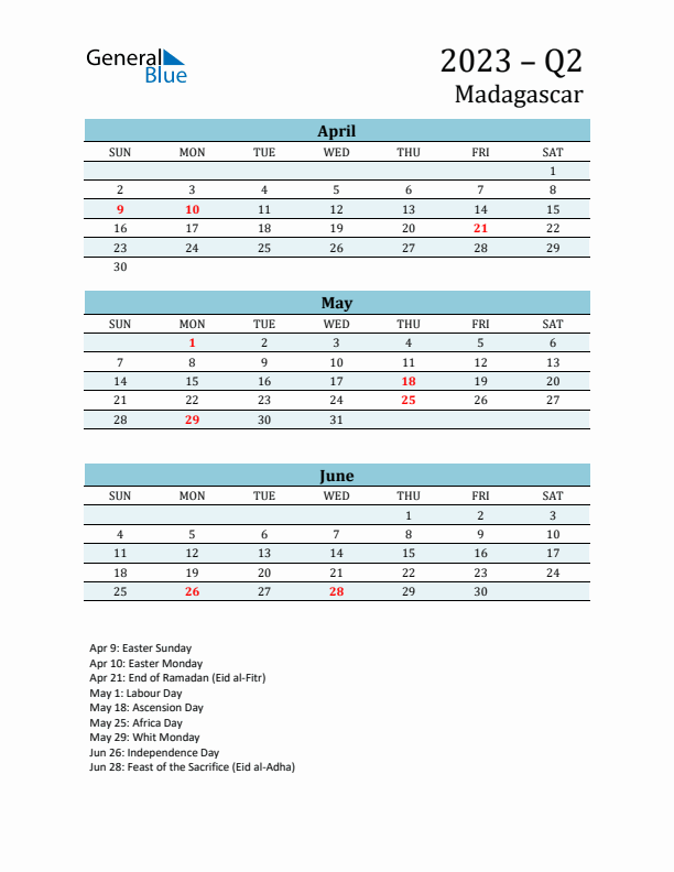 Three-Month Planner for Q2 2023 with Holidays - Madagascar