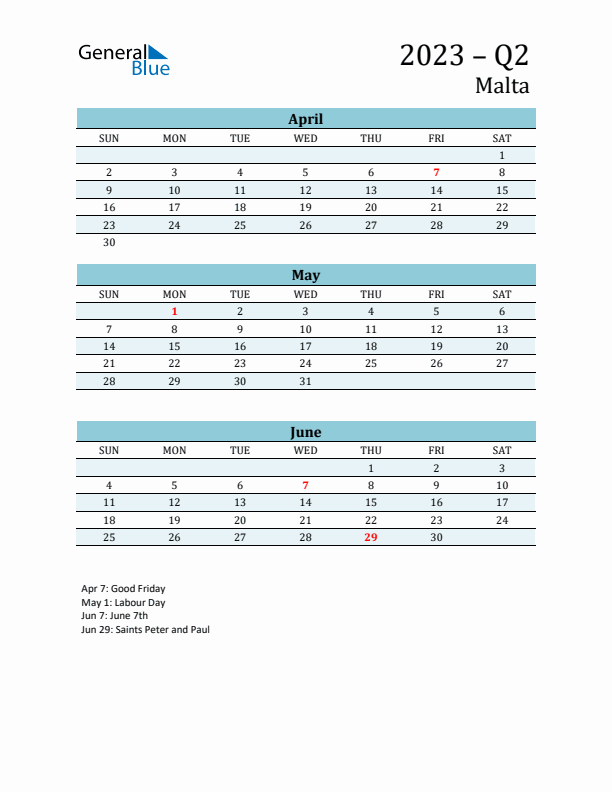 Three-Month Planner for Q2 2023 with Holidays - Malta
