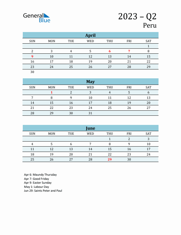 Three-Month Planner for Q2 2023 with Holidays - Peru