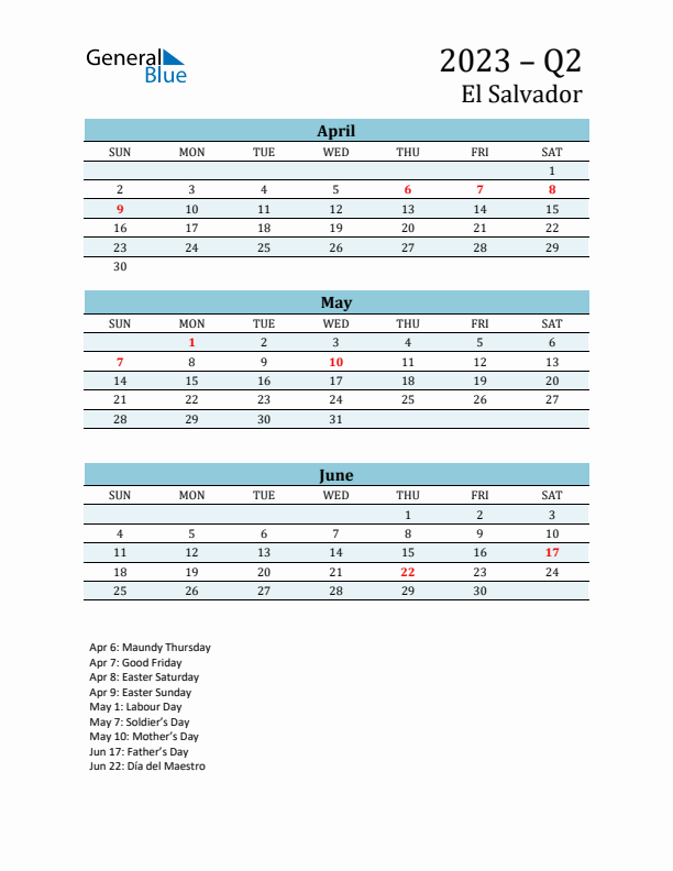 Three-Month Planner for Q2 2023 with Holidays - El Salvador