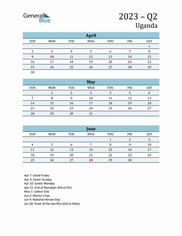 Three-Month Planner for Q2 2023 with Holidays - Uganda