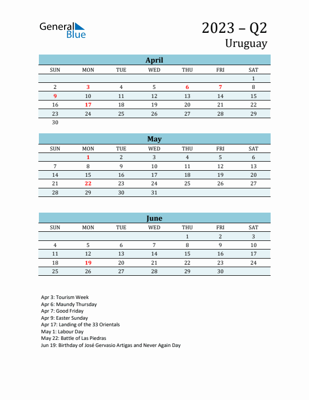 Three-Month Planner for Q2 2023 with Holidays - Uruguay