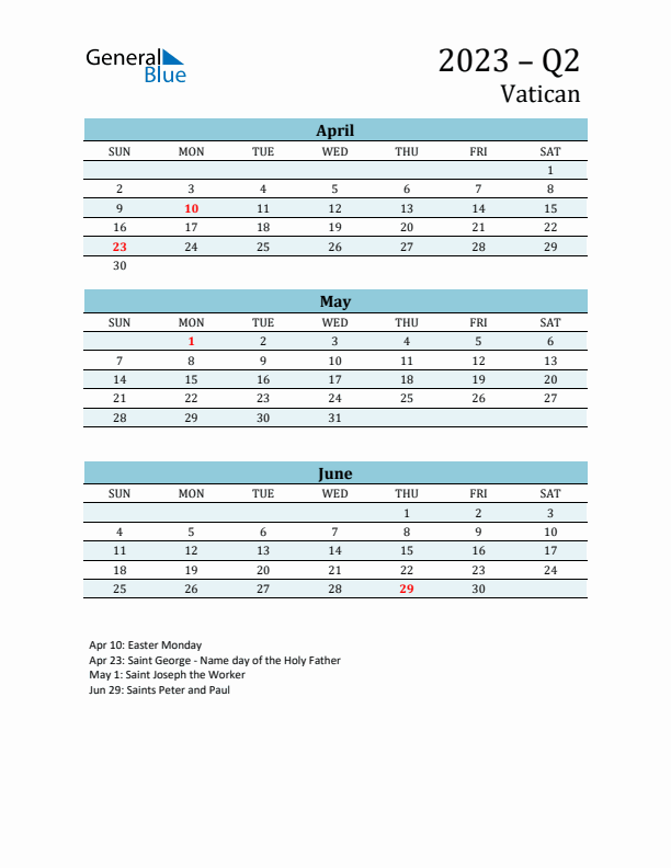 Three-Month Planner for Q2 2023 with Holidays - Vatican