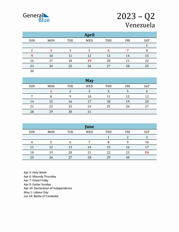 Three-Month Planner for Q2 2023 with Holidays - Venezuela