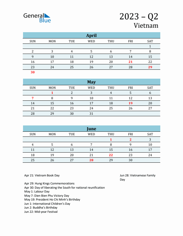 Three-Month Planner for Q2 2023 with Holidays - Vietnam