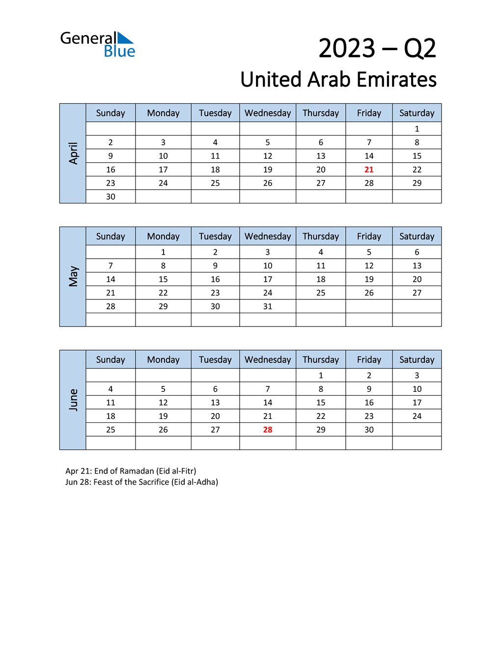  Free Q2 2023 Calendar for United Arab Emirates
