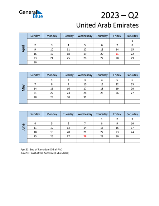 Free Q2 2023 Calendar for United Arab Emirates