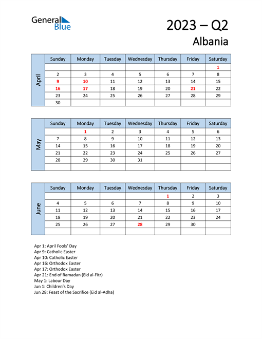  Free Q2 2023 Calendar for Albania