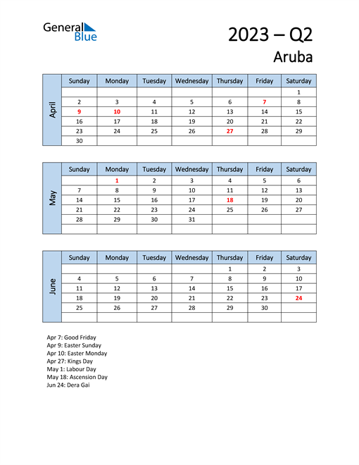  Free Q2 2023 Calendar for Aruba