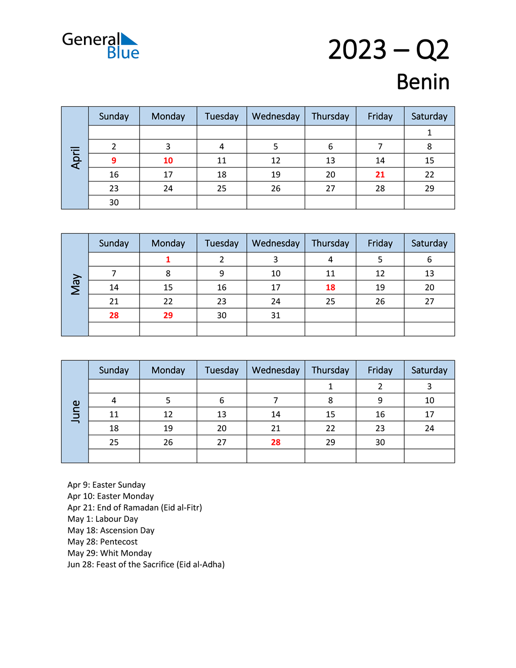  Free Q2 2023 Calendar for Benin